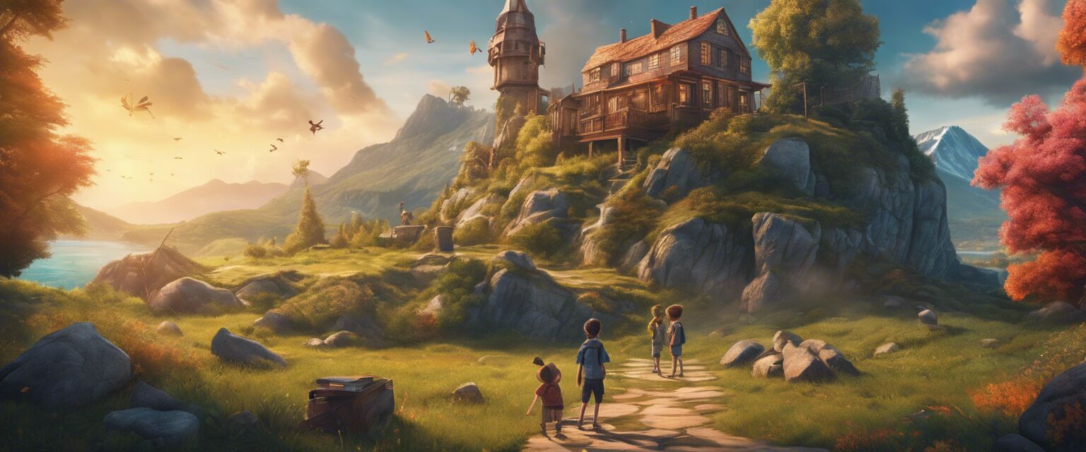 Children solving a mystery in a vibrant landscape